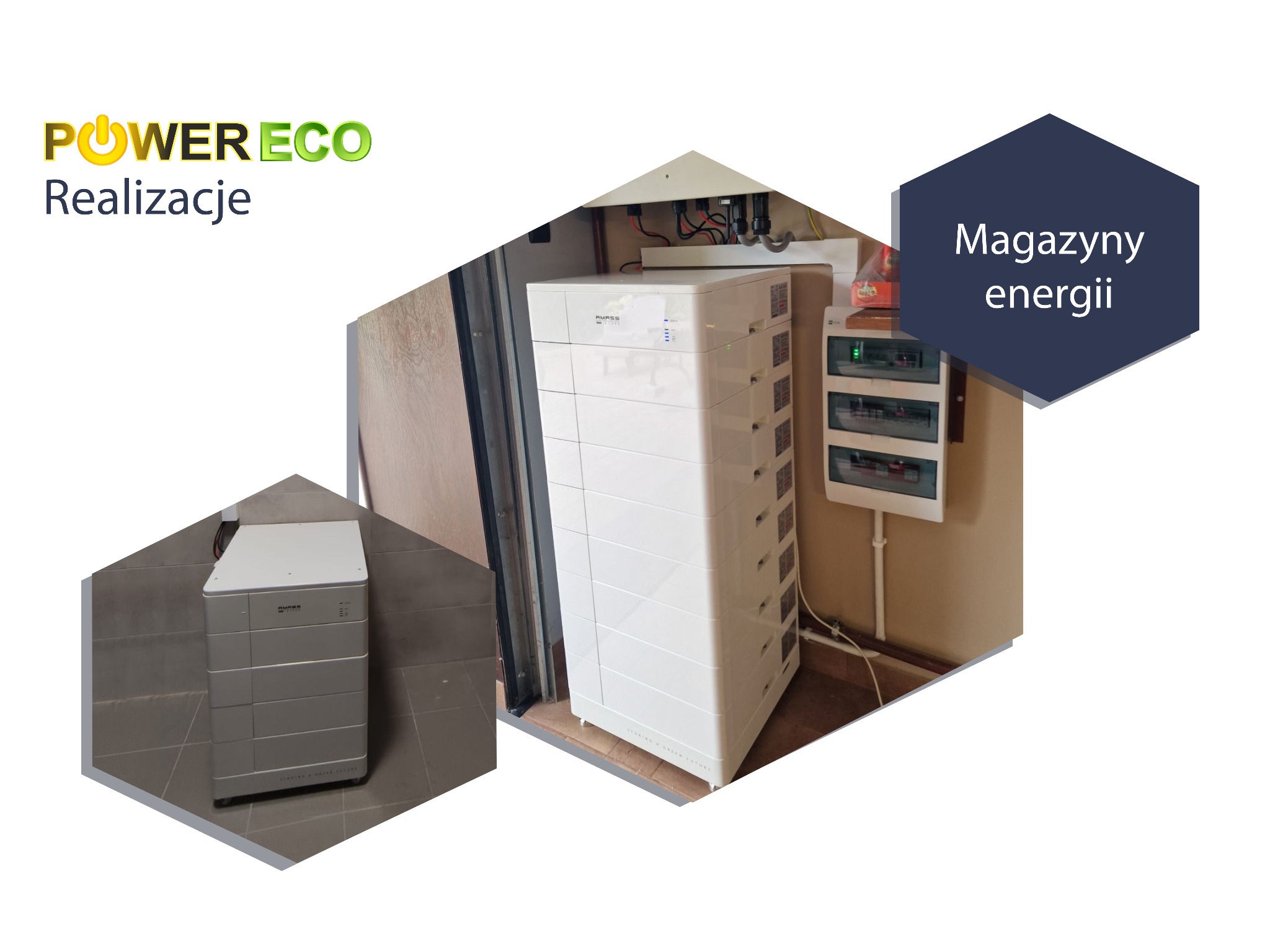 Instalacja magazynu energii: biała, modułowa bateria w pomieszczeniu z szarą podłogą i brązową ścianą, z widoczną skrzynką elektryczną i okablowaniem.