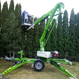 TULIPANEK Usługi Ogrodnicze - Pracownik w niebieskim kombinezonie przycina wysokie tuje z podnośnika koszowego Spiderlift na trawniku.