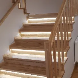 Drewniane schody z podświetleniem LED umieszczonym pod każdym stopniem, oświetlające przestrzeń wzdłuż biegu schodów, balustrada z jasnego drewna.