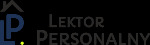 Logo firmy Lektor Personalny z niebieskim symbolem graficznym po lewej stronie i szarym napisem po prawej na czarnym tle.