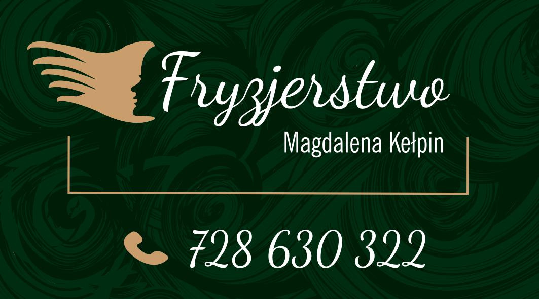 Wizytówka salonu fryzjerskiego z logo przedstawiającym profil twarzy i stylizowane włosy, nazwa salonu 'Fryzjerstwo Magdalena Kełpin' i numer telefonu na ciemnozielonym tle z abstrakcyjnym wzorem.