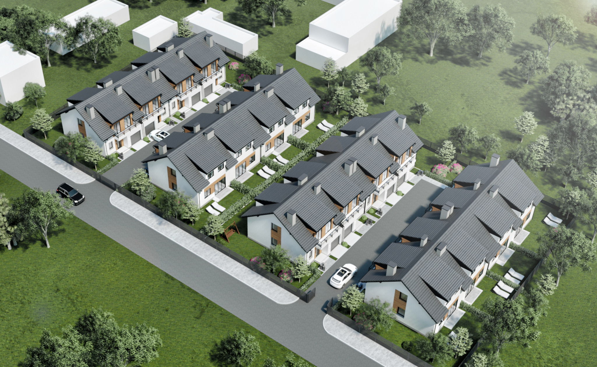 Wizualizacja osiedla domów szeregowych z szarymi dachami, widok z lotu ptaka, z zaparkowanymi samochodami i leżakami w ogródkach.