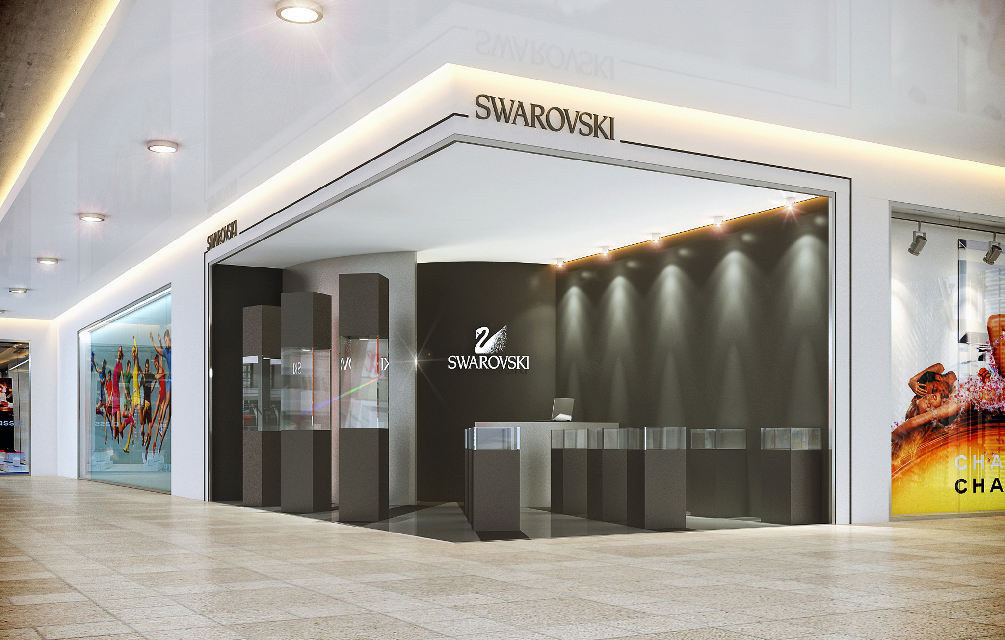 Wizualizacja wnętrza sklepu jubilerskiego Swarovski w centrum handlowym, z ekspozytorami na biżuterię i logo marki na ścianie.