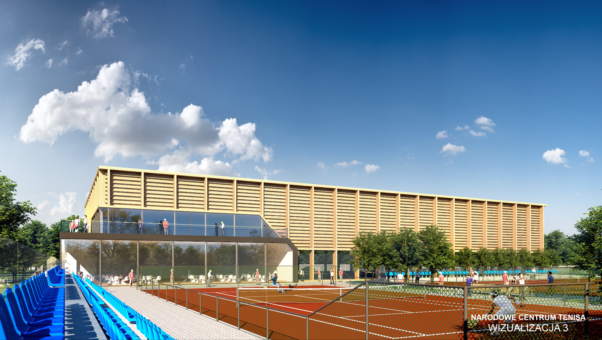 Wizualizacja zewnętrzna Narodowego Centrum Tenisa, z widocznymi kortami, trybunami w kolorze niebieskim oraz budynkiem z drewnianą elewacją i przeszkloną częścią.