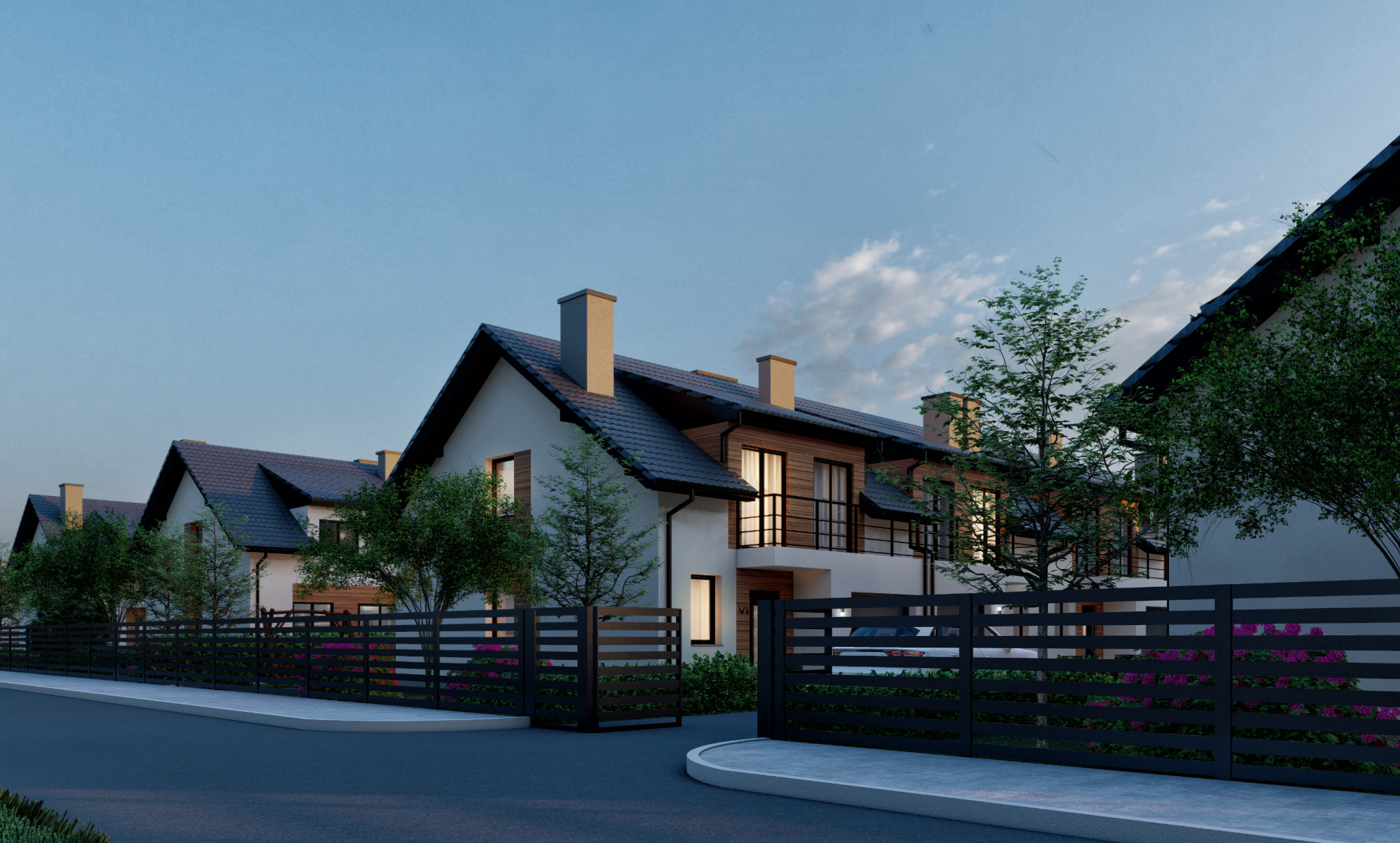 Wizualizacja szeregu nowoczesnych domów jednorodzinnych z czarnymi dachami i ogrodzeniami, oświetlonych ciepłym światłem wieczornym.