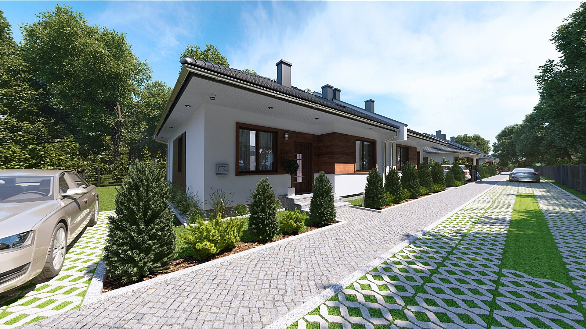 Wizualizacja szeregu nowoczesnych domów jednorodzinnych z jasną elewacją i ciemną stolarką okienną, otoczonych zielenią i wybrukowanym podjazdem z ażurowymi płytami trawnikowymi.