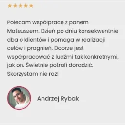 Pozytywna opinia klienta z pięcioma gwiazdkami, polecająca współpracę z panem Mateuszem. Tekst referencji wraz ze zdjęciem profilowym autora, Andrzeja Rybaka.
