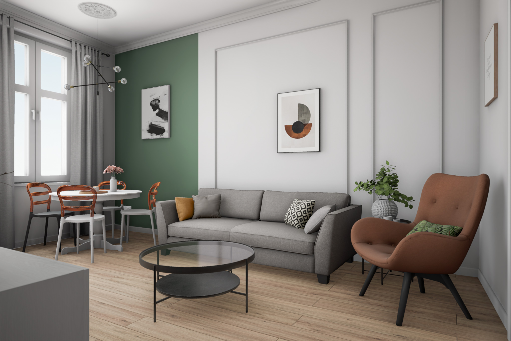 Wnętrza Nieoczywiste - projekt mieszkania w stylu klasycznym - salon, sztukaterie, kolor zielony