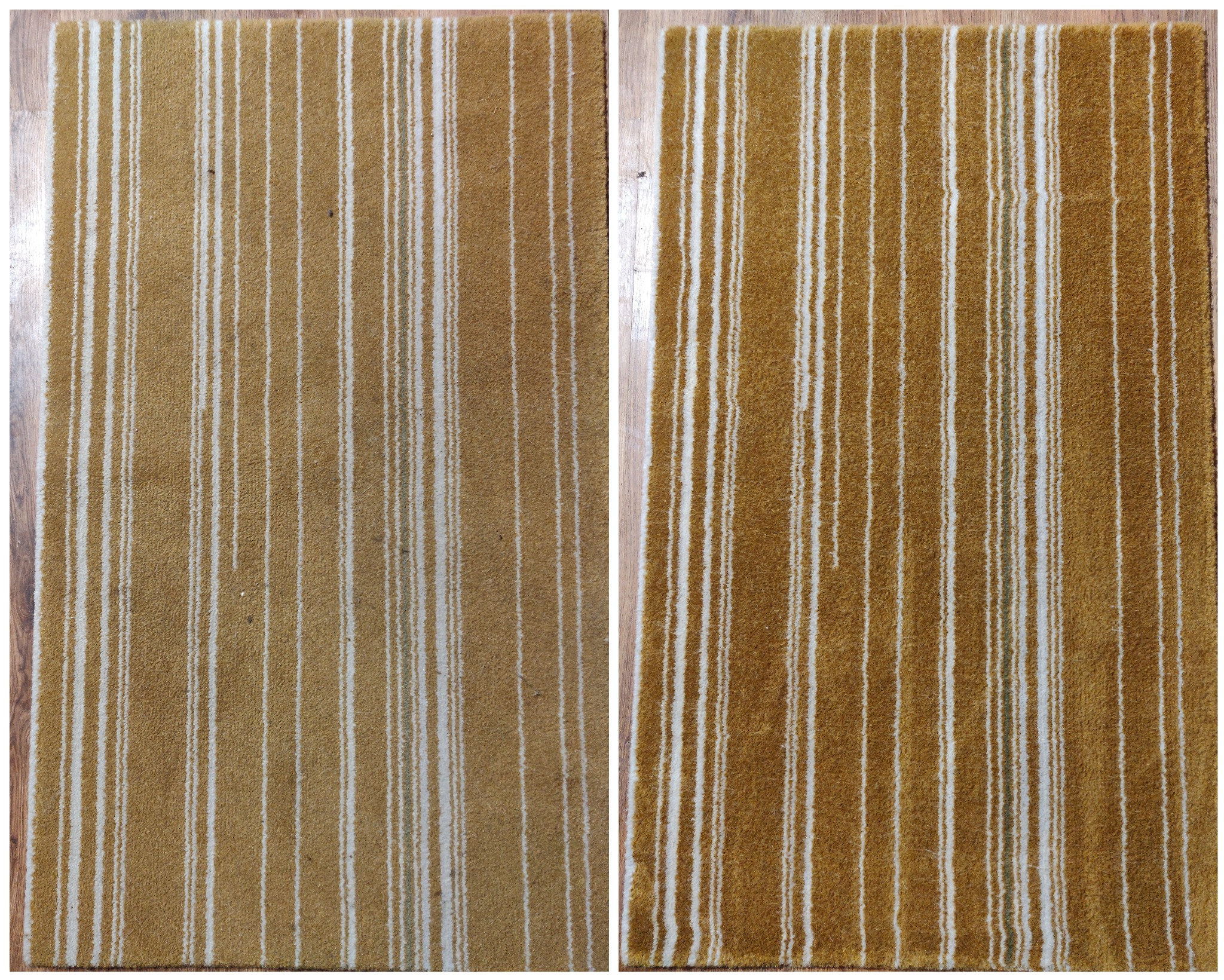 Dwa zbliżenia fragmentów dywanu w odcieniach brązu z białymi pionowymi pasami, widoczne różnice w kolorystyce i fakturze runa po lewej i prawej stronie.