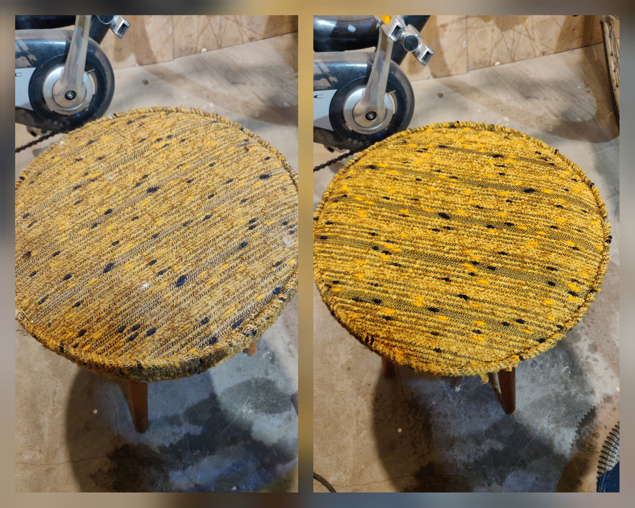 Okrągły taboret z żółto-czarną tapicerką z wyraźną różnicą w czystości między lewą a prawą stroną, stojący na betonowej podłodze z rowerem stacjonarnym w tle.