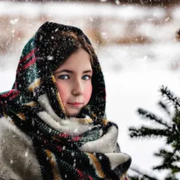 Portret młodej dziewczyny z niebieskimi oczami, otulonej wzorzystym szalem na tle zimowego krajobrazu podczas padającego śniegu, z widocznymi gałązkami drzewa iglastego po prawej stronie kadru.