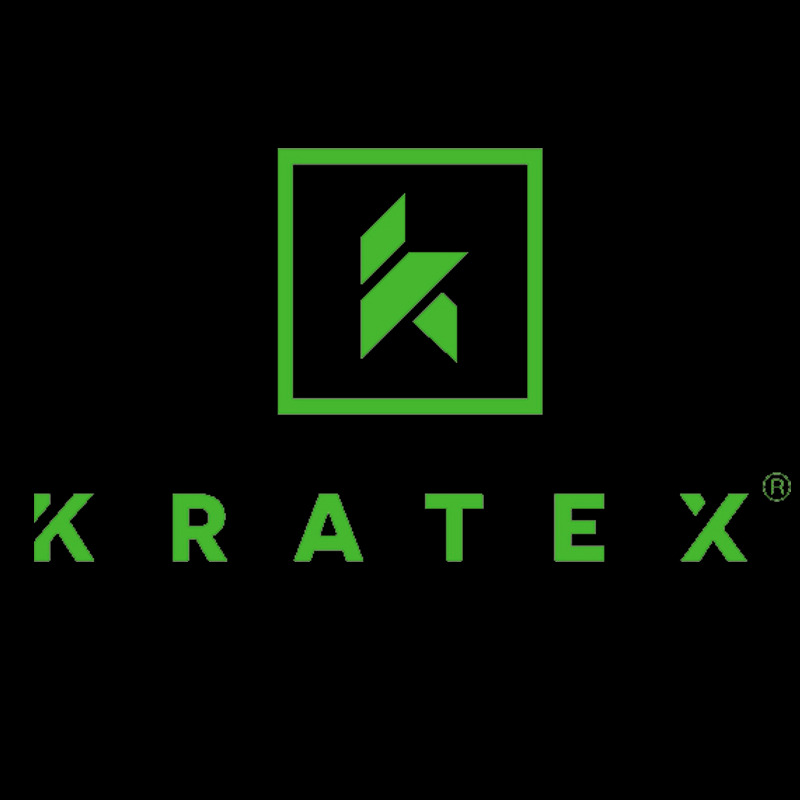 Zielone logo firmy KRATEX na czarnym tle, z geometryczną literą K w kwadracie.
