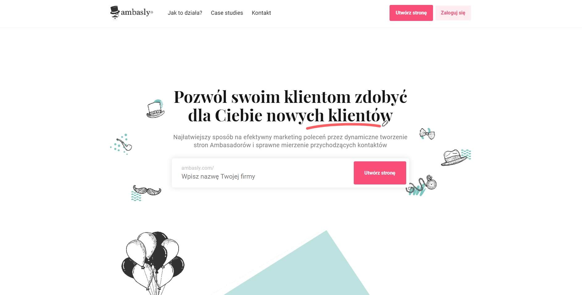 Projekt strony internetowej Ambasly promującej marketing poleceń, z elementami graficznymi w stylu retro, takimi jak kapelusz, fajka i wąsy.