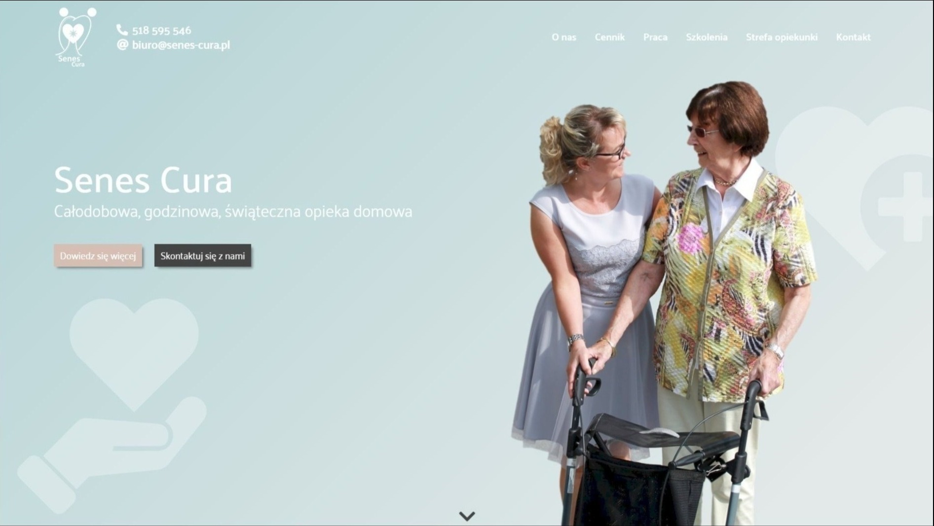 Strona internetowa firmy Senes Cura, oferującej całodobową, godzinową i świąteczną opiekę domową, prezentująca opiekunkę wspierającą starszą panią z chodzikiem.