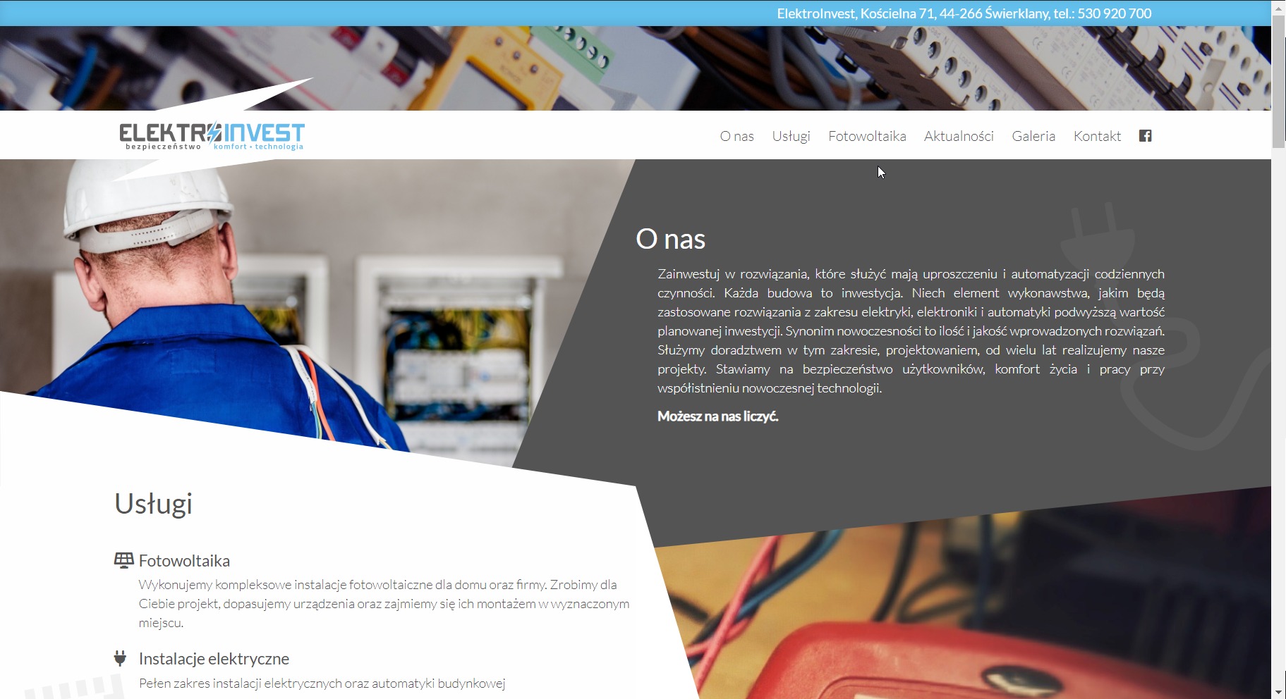 Fragment strony internetowej firmy Elektroinvest z widocznym pracownikiem w kasku i kombinezonie, panelem elektrycznym w tle oraz nagłówkiem z adresem i numerem telefonu. Sekcja 'O nas' z tekstem...
