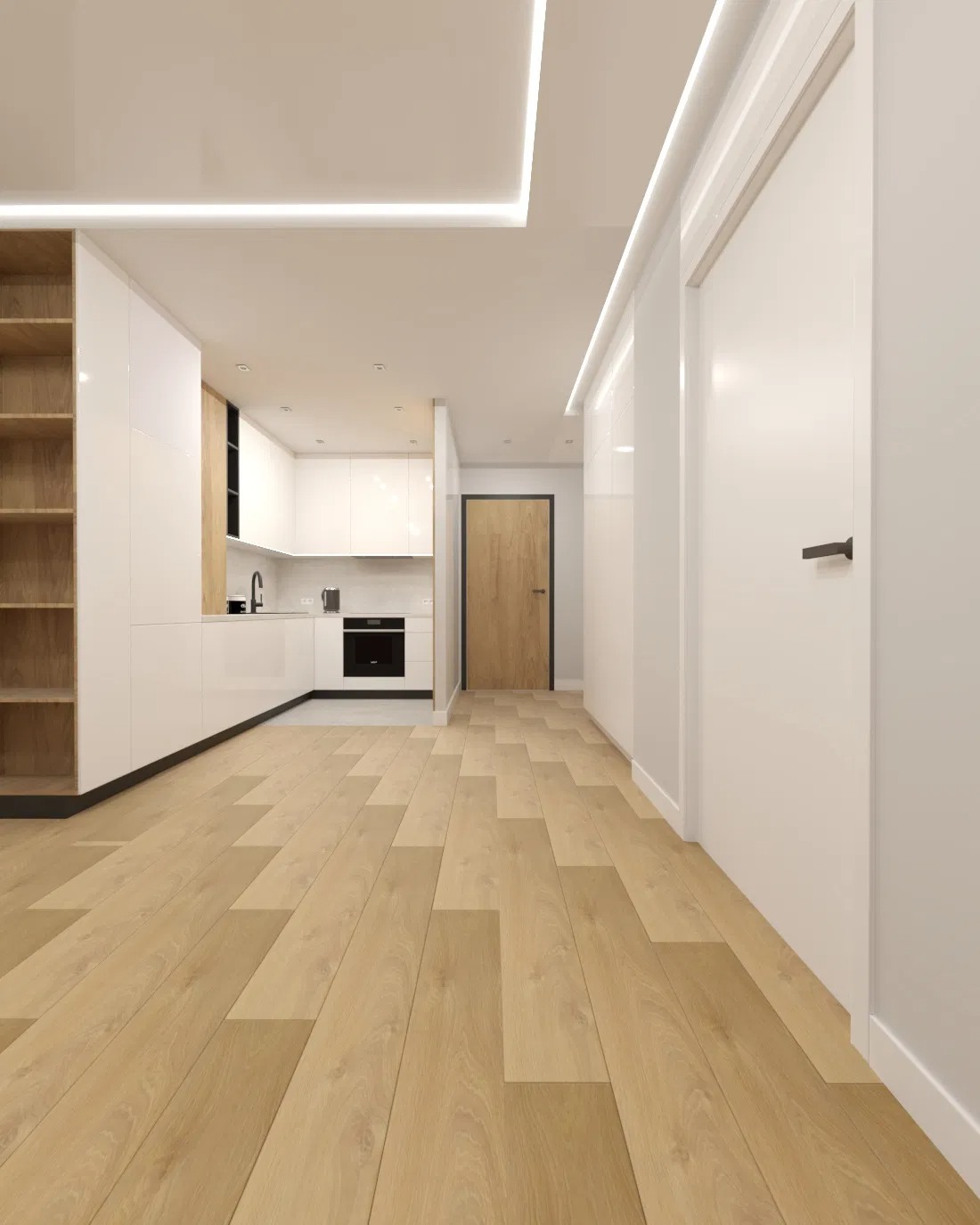 Nowoczesna kuchnia z białymi szafkami i drewnianymi akcentami, jasna podłoga z paneli, minimalistyczny design, oświetlenie LED pod sufitem, widok z perspektywy podłogi.