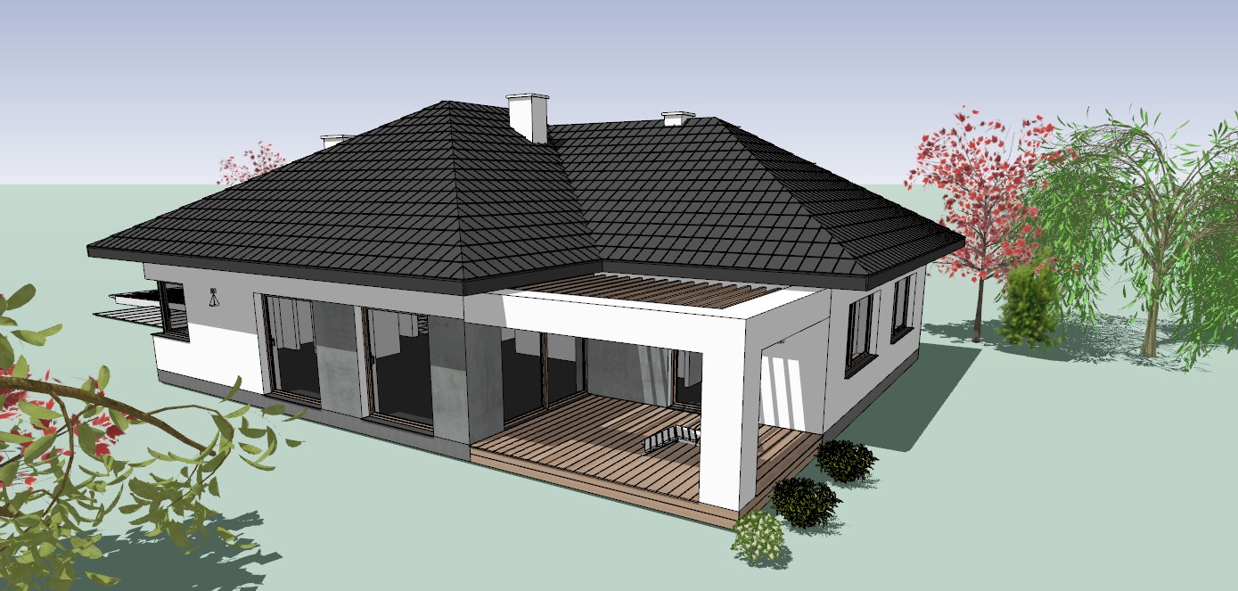 Wizualizacja projektu domu jednorodzinnego z ciemnym dachem i drewnianym tarasem, otoczonego zielenią i drzewami liściastymi.