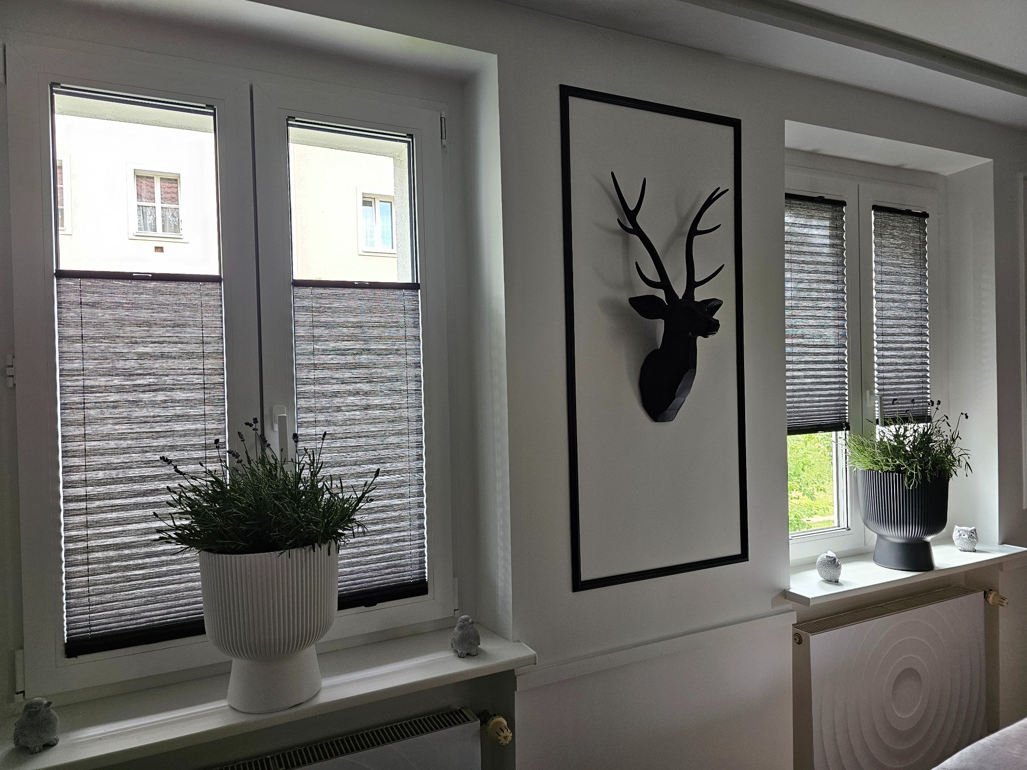 Jasne wnętrze z oknami przesłoniętymi plisowanymi osłonami okiennymi w odcieniach szarości. Na parapetach dekoracje i rośliny w doniczkach.