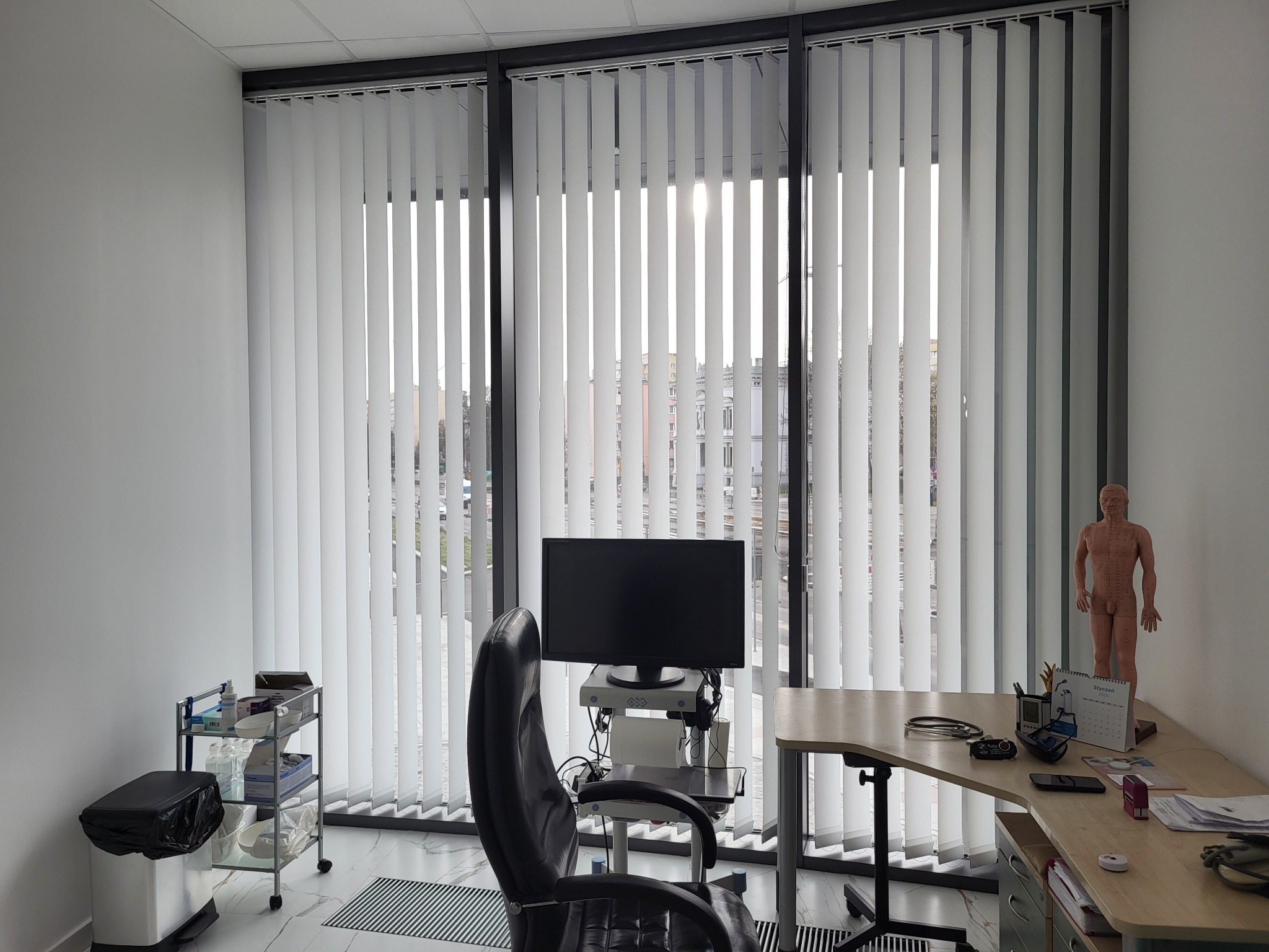 Białe żaluzje pionowe w oknie gabinetu lekarskiego, widok na zewnątrz, biurko z modelem anatomicznym i sprzętem medycznym. Stonowana kolorystyka wnętrza.