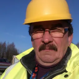 Portret mężczyzny w żółtym kasku i kurtce odblaskowej na tle błękitnego nieba w Łodzi. Na szyi widoczna smycz z nadrukiem.