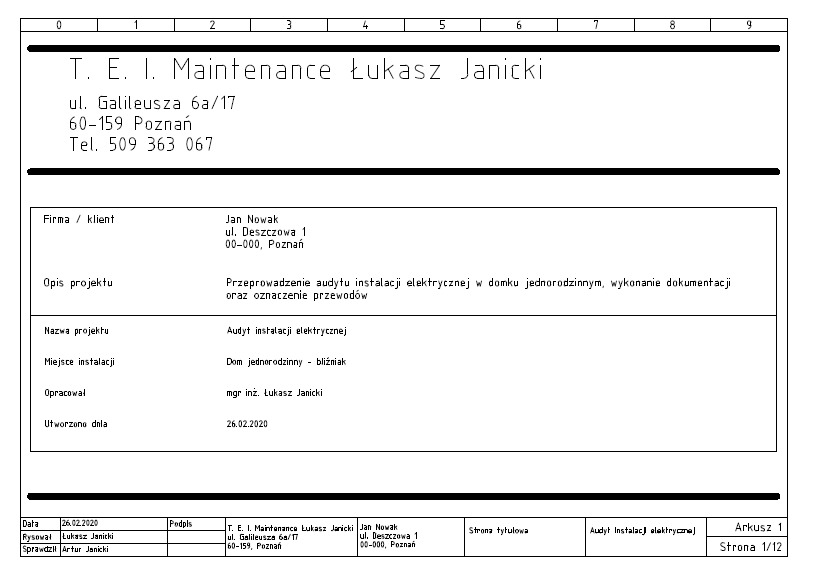 Skan strony tytułowej dokumentacji audytu instalacji elektrycznej, zawierający dane firmy, klienta, opis projektu i datę utworzenia.