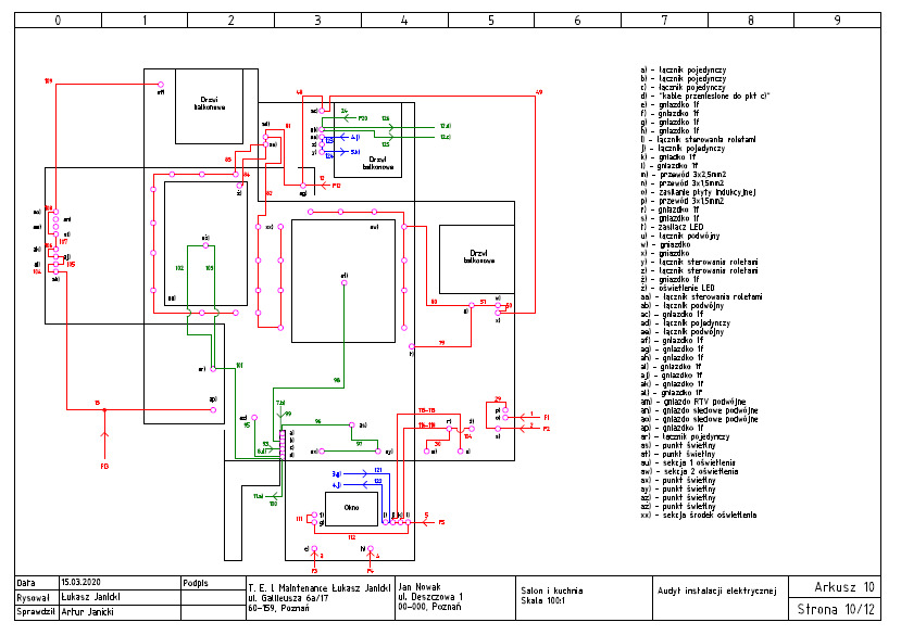 Schemat instalacji elektrycznej mieszkania, widok z góry, zaznaczone punkty świetlne, gniazdka, łączniki, okna i drzwi balkonowe, plan salonu i kuchni w skali 100:1.