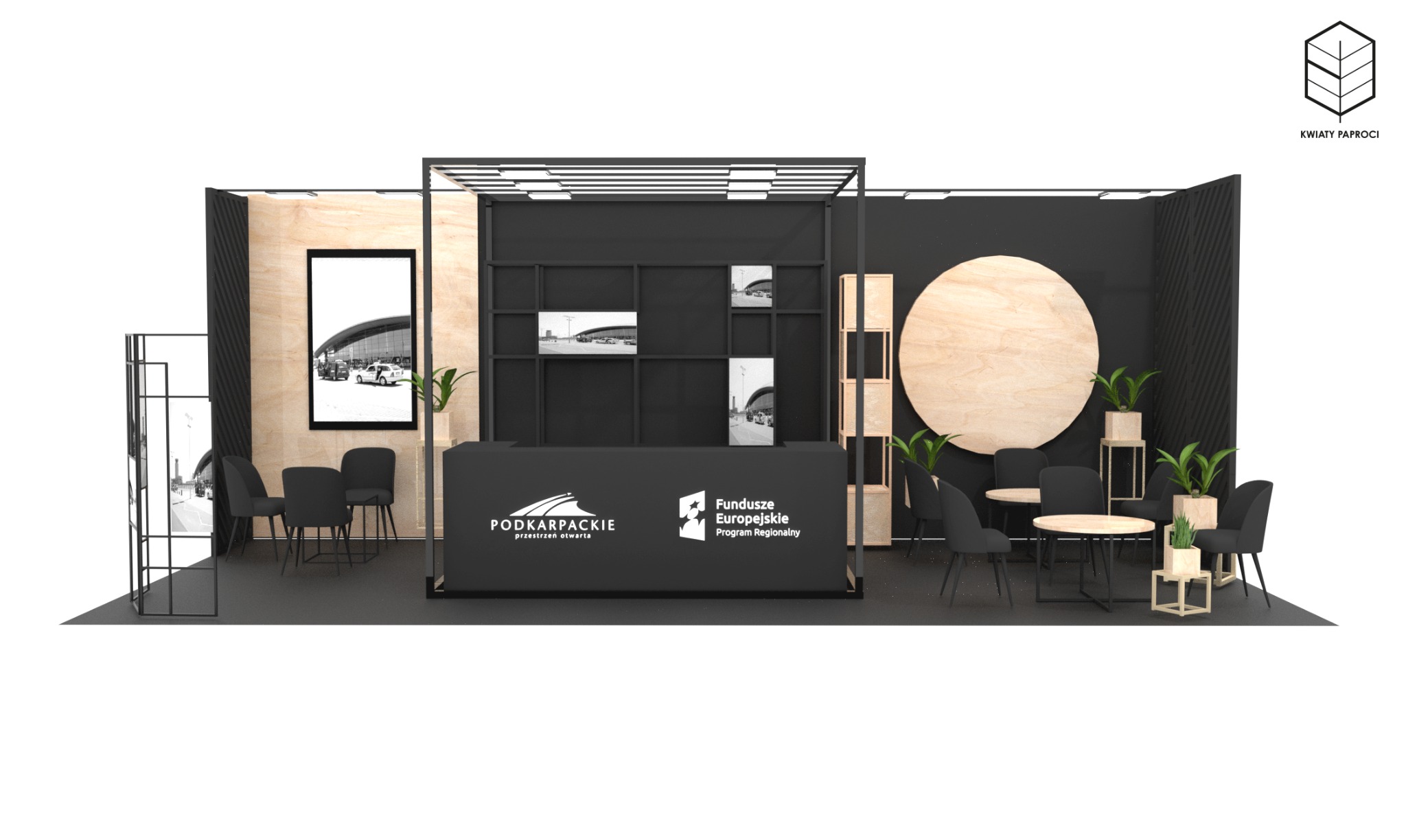 Wizualizacja stoiska targowego z elementami drewna i czerni, zawierająca recepcję z logo Podkarpackie, stoliki kawowe z krzesłami i roślinami doniczkowymi, oraz grafiki lotniska w tle.