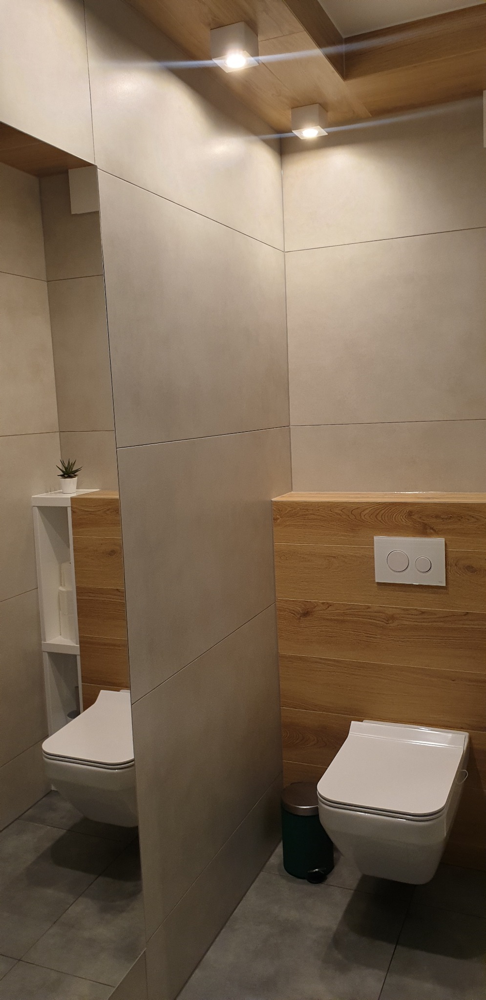 Nowoczesna łazienka z podwieszanymi toaletami, wykończona jasnymi płytkami i drewnopodobnymi elementami, minimalistyczny design z akcentem roślinnym w postaci małej doniczki.