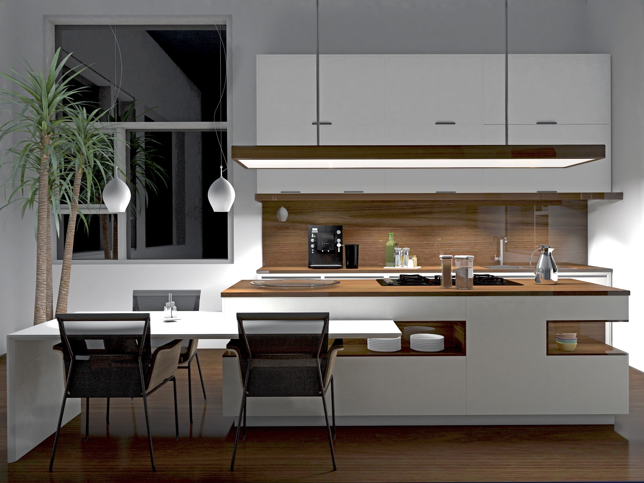 Nowoczesna kuchnia z drewnianym blatem i białymi szafkami w Opolu, widok na stół z krzesłami i roślinę doniczkową przy oknie.