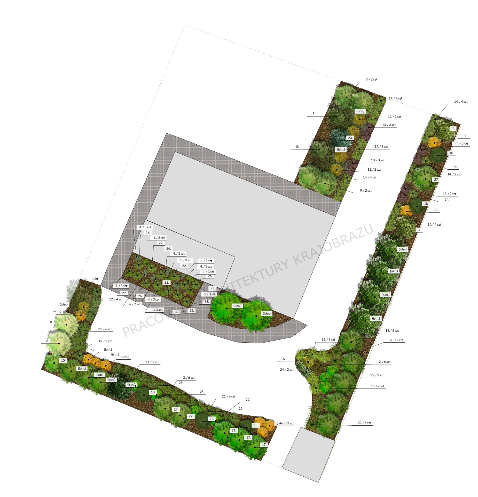Przykładowy projekt nowej szaty roślinnej w istniejącym układzie przestrzennym.
