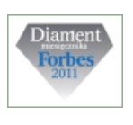 Srebrny emblemat w kształcie diamentu z napisem 'Diament Forbesa 2011' na białym tle.