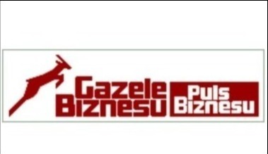 Logo Gazele Biznesu Puls Biznesu z sylwetką skaczącej gazeli w kolorze bordowym.