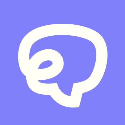 Stylizowany biały kontur chmurki dialogowej na fioletowym tle, przypominający kształtem literę 'e'.