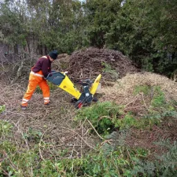 Pracownik w pomarańczowych spodniach obsługuje żółtą rozdrabniarkę gałęzi na tle sterty gałęzi i drzew