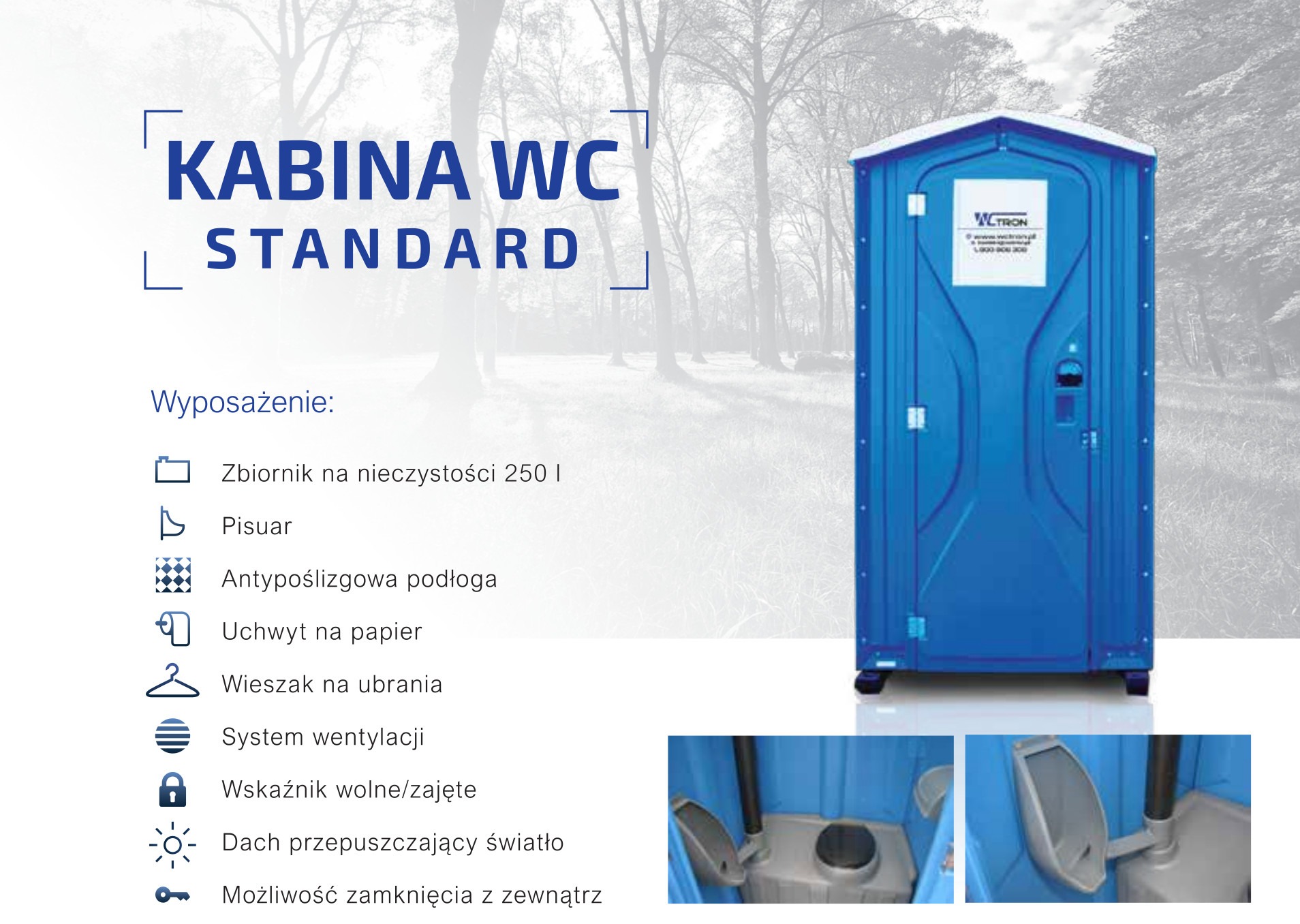 Niebieska przenośna kabina WC z wyposażeniem: zbiornik, pisuar, antypoślizgowa podłoga, uchwyt na papier, wieszak, wentylacja, wskaźnik zajętości i możliwość zamknięcia z zewnątrz. Widoczne detale...