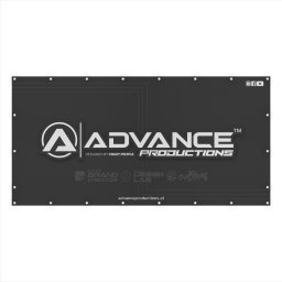 Studio graficzne ADVANCE - Czarny baner reklamowy z logotypem 'Advance Productions' i hasłem 'Designed by Crazy People', umieszczony na białym tle.