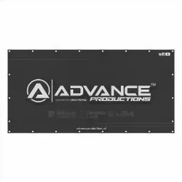 Czarny baner reklamowy z logotypem 'Advance Productions' i hasłem 'Designed by Crazy People', umieszczony na białym tle.