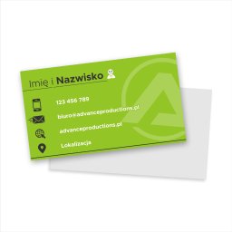 Studio graficzne ADVANCE - Zielona wizytówka z danymi kontaktowymi firmy Advance Productions, zawierająca logo w tle i ikony telefonu, maila, strony internetowej i lokalizacji.