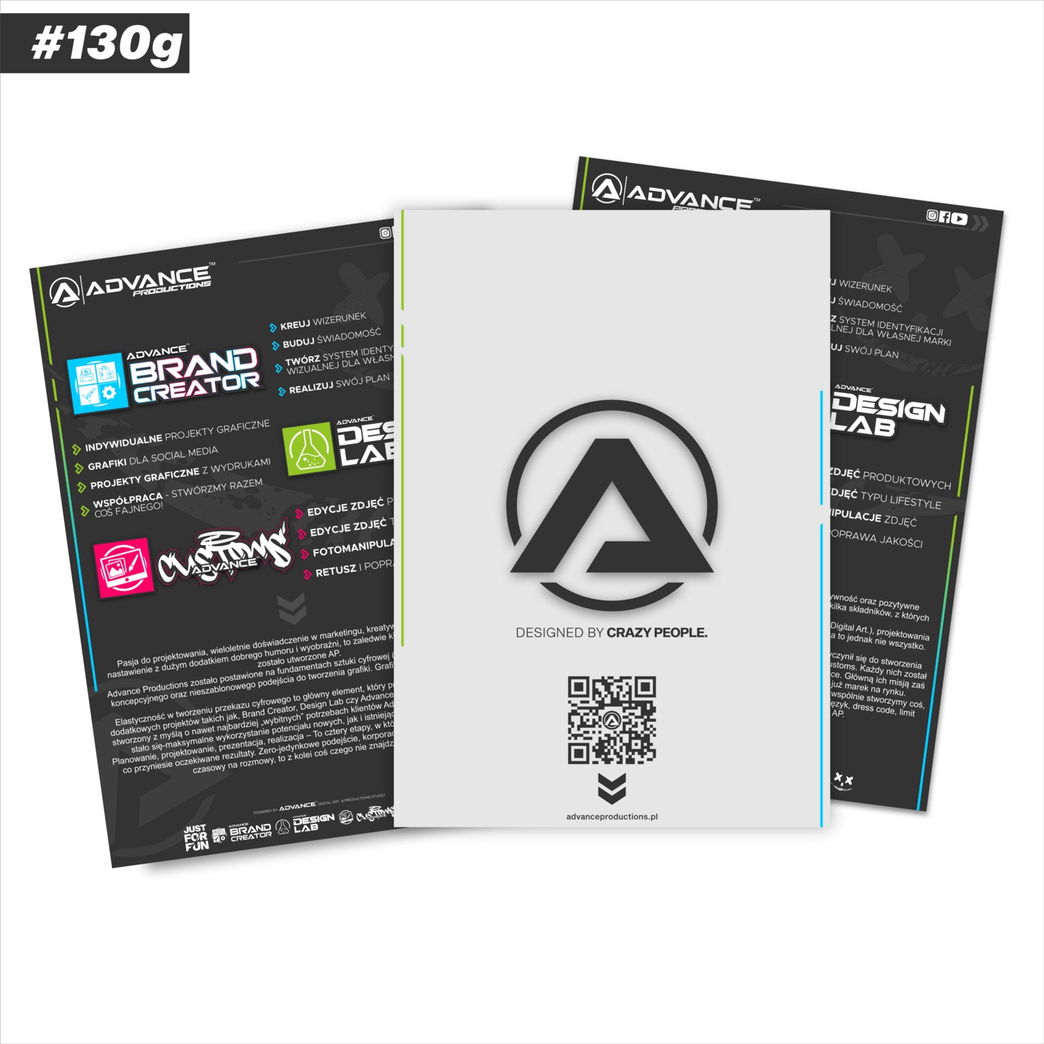 Przykłady projektów graficznych i usług agencji reklamowej Advance Productions, w tym Brand Creator i Design Lab, prezentowane na ulotkach i materiałach promocyjnych z QR kodem.