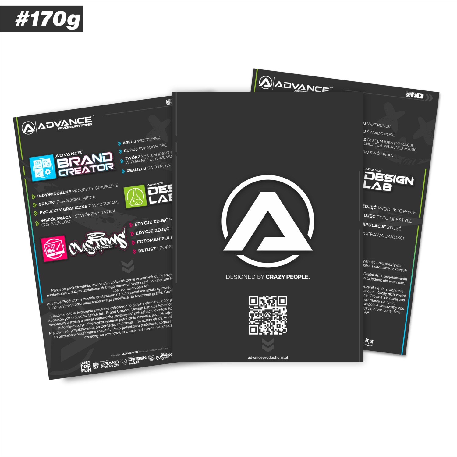 Karta z ofertą usług graficznych firmy Advance Productions, prezentująca zakres działalności od projektów graficznych po edycję zdjęć i fotomanipulacje, z elementami identyfikacji wizualnej i logo...