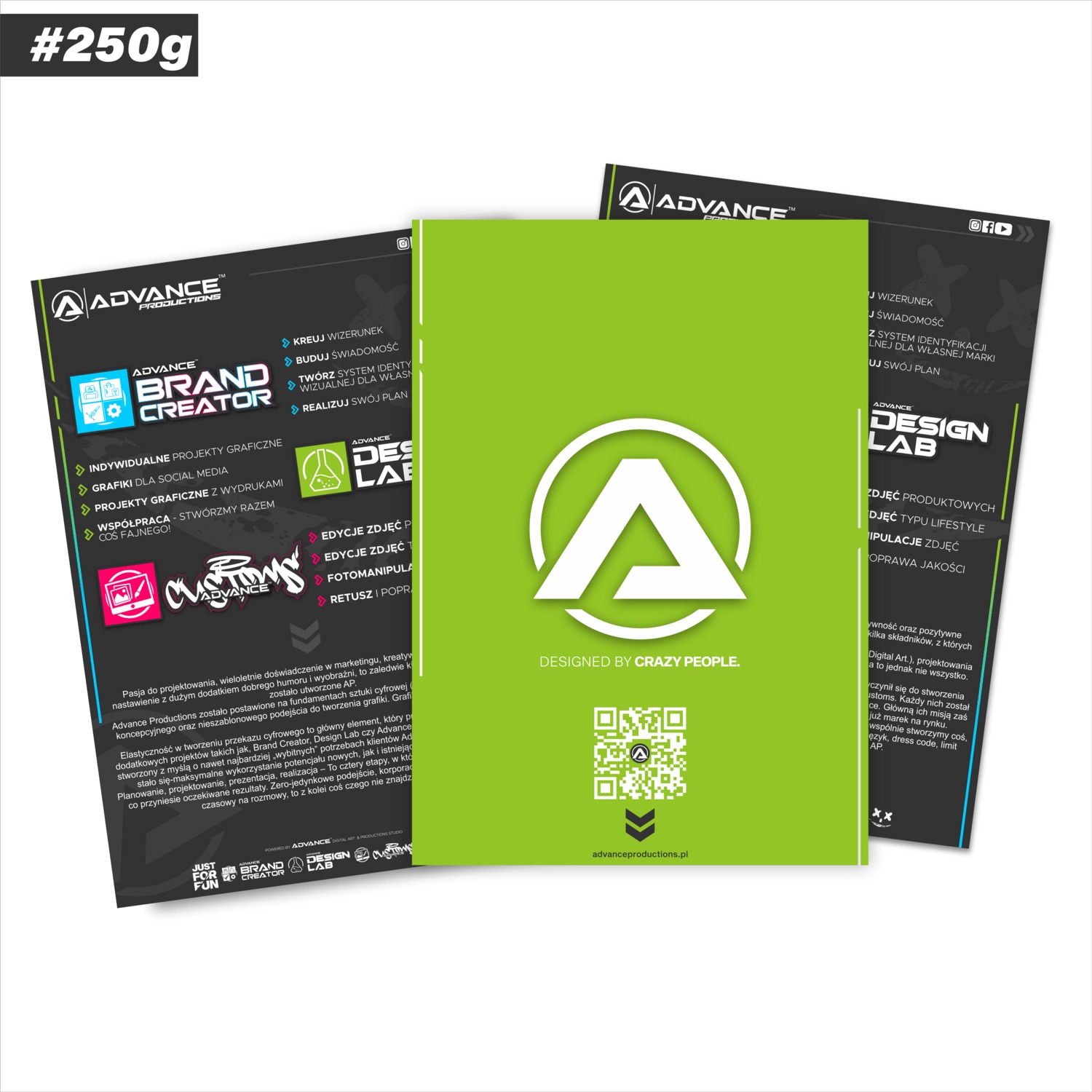 Kompilacja trzech ulotek reklamowych studia graficznego Advance Productions, prezentujących różne usługi: budowanie marki, projektowanie i edycję zdjęć, z QR kodem odsyłającym do strony internetowej.