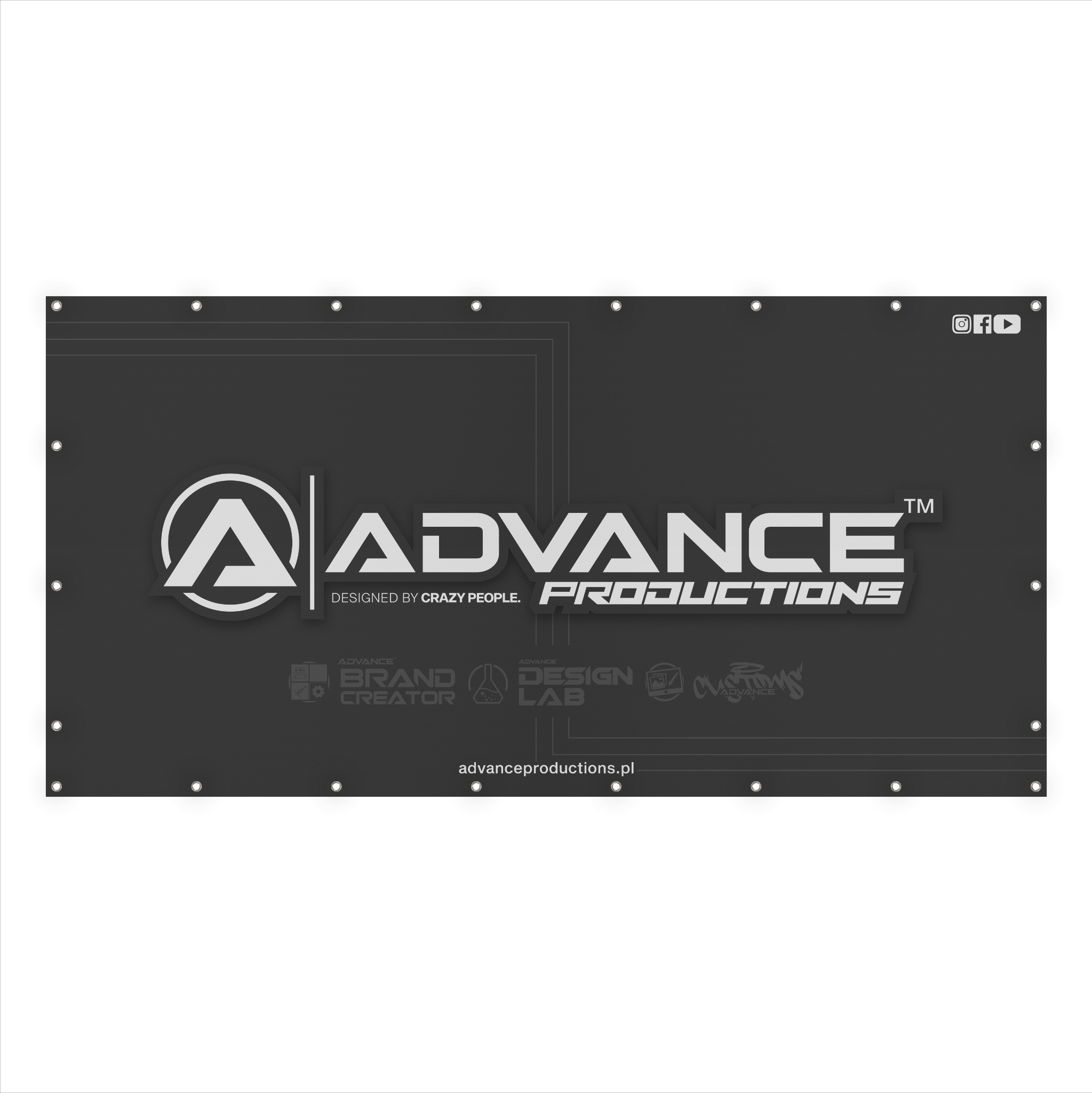 Czarny baner reklamowy z logotypem 'Advance Productions' i hasłem 'Designed by Crazy People', umieszczony na białym tle.