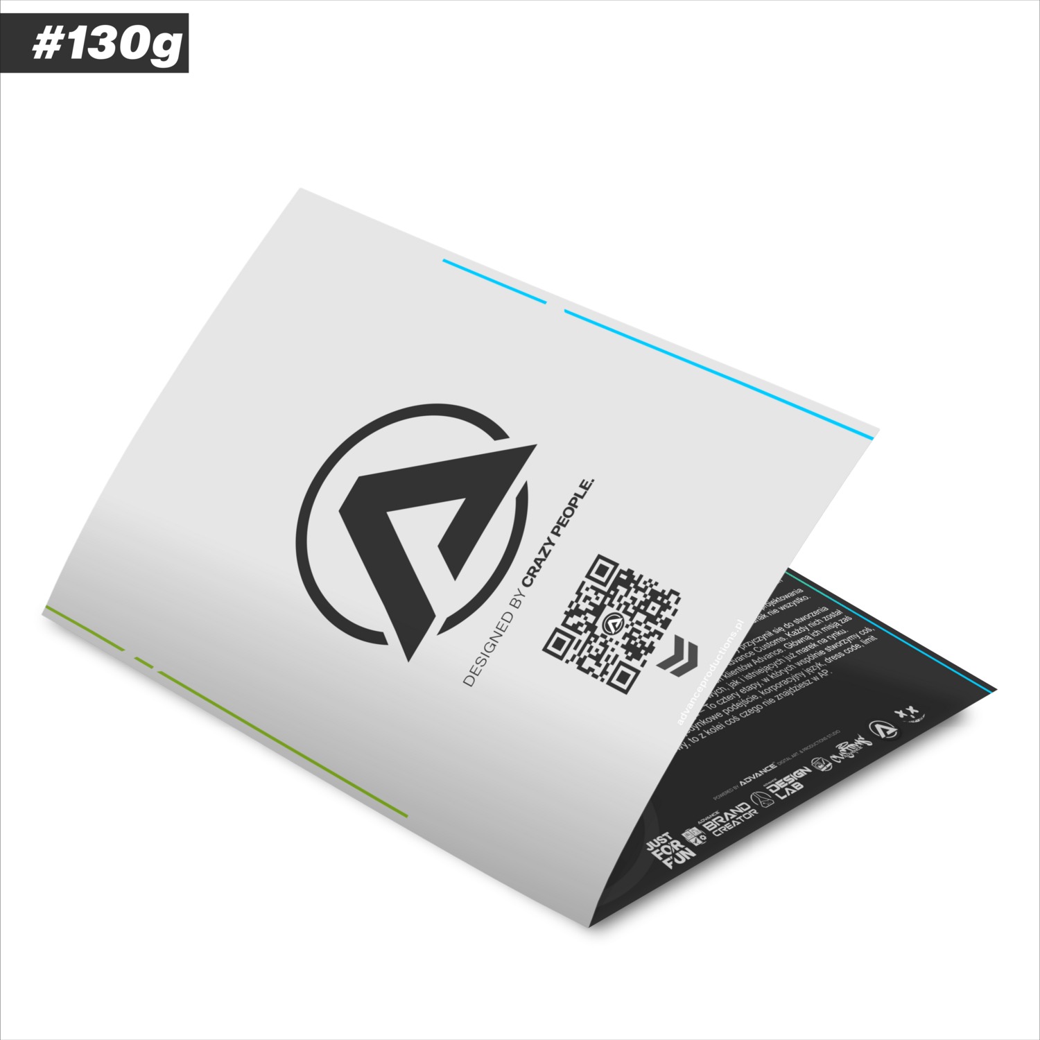 Rozłożona, częściowo widoczna ulotka reklamowa z logo i kodem QR, zaprojektowana przez 'Crazy People' dla Advance Productions.