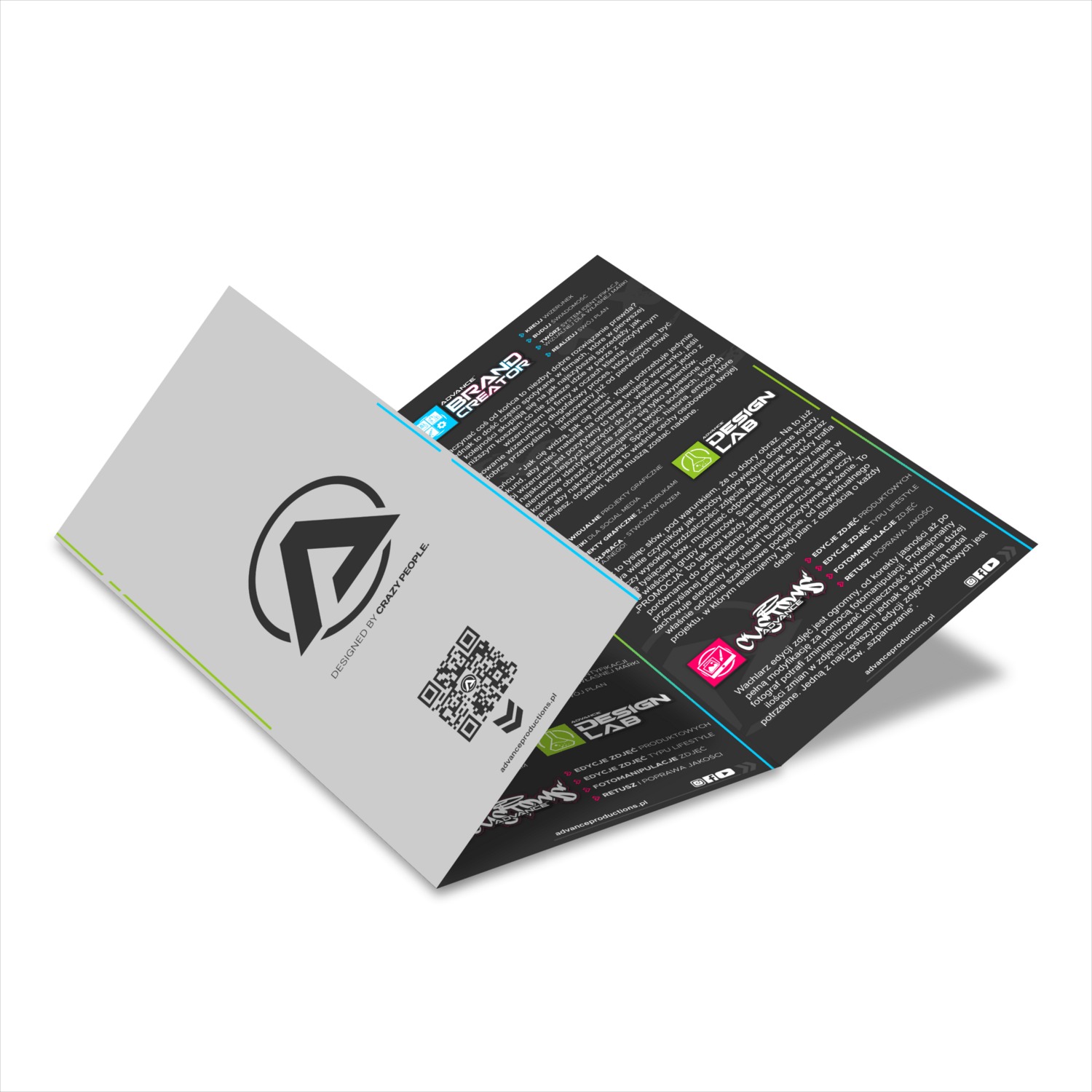 Rozłożona ulotka reklamowa firmy graficznej z logo i kodem QR, prezentująca ofertę edycji zdjęć i projektów graficznych.