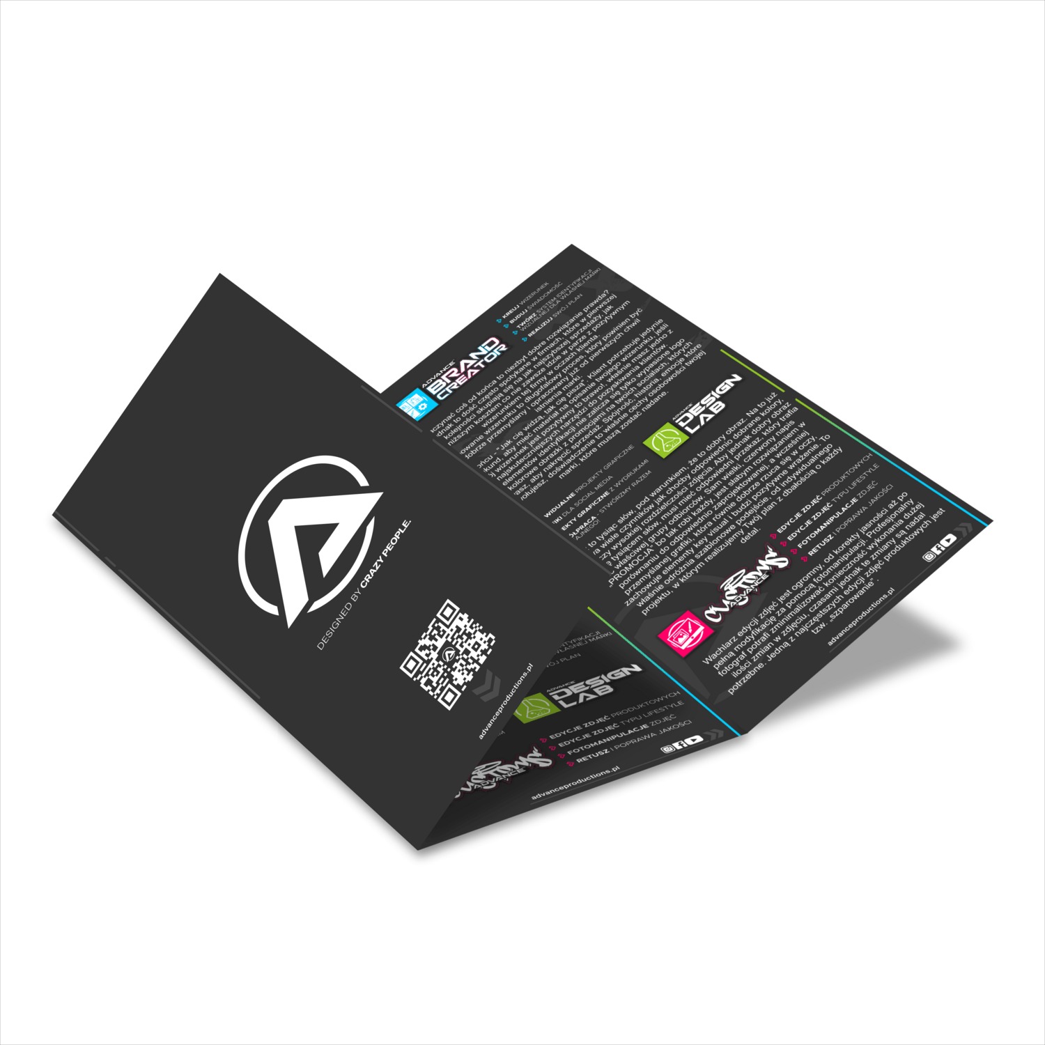 Czarno-biała ulotka reklamowa trójdzielna, z logo firmy i informacjami o usługach edycji zdjęć i projektowaniu graficznym, z kodem QR i adresami mediów społecznościowych.