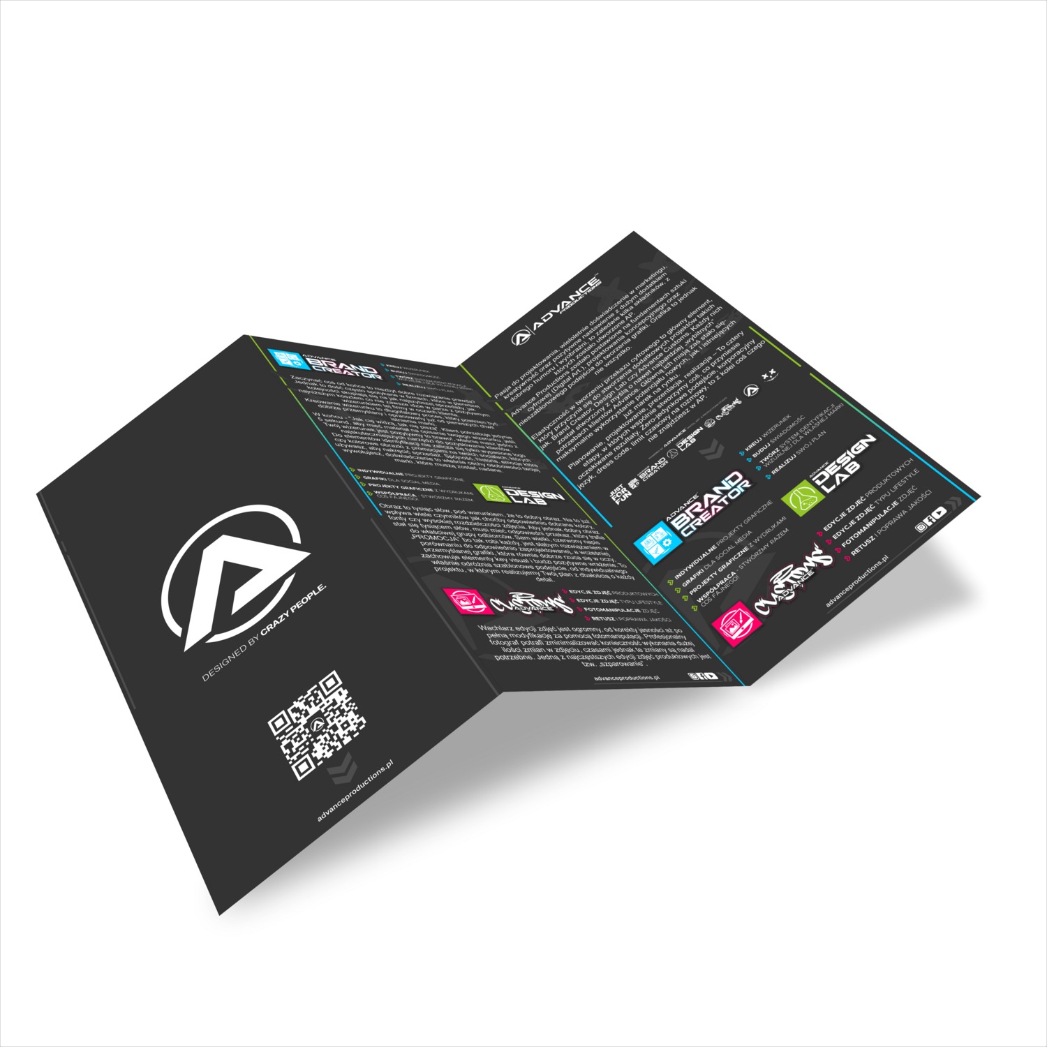 Czarna, trójdzielna ulotka reklamowa firmy Advance Productions, prezentująca ofertę projektowania graficznego i edycji zdjęć, z widocznym logo firmy, kodem QR i hasłem 'Designed by crazy people'.