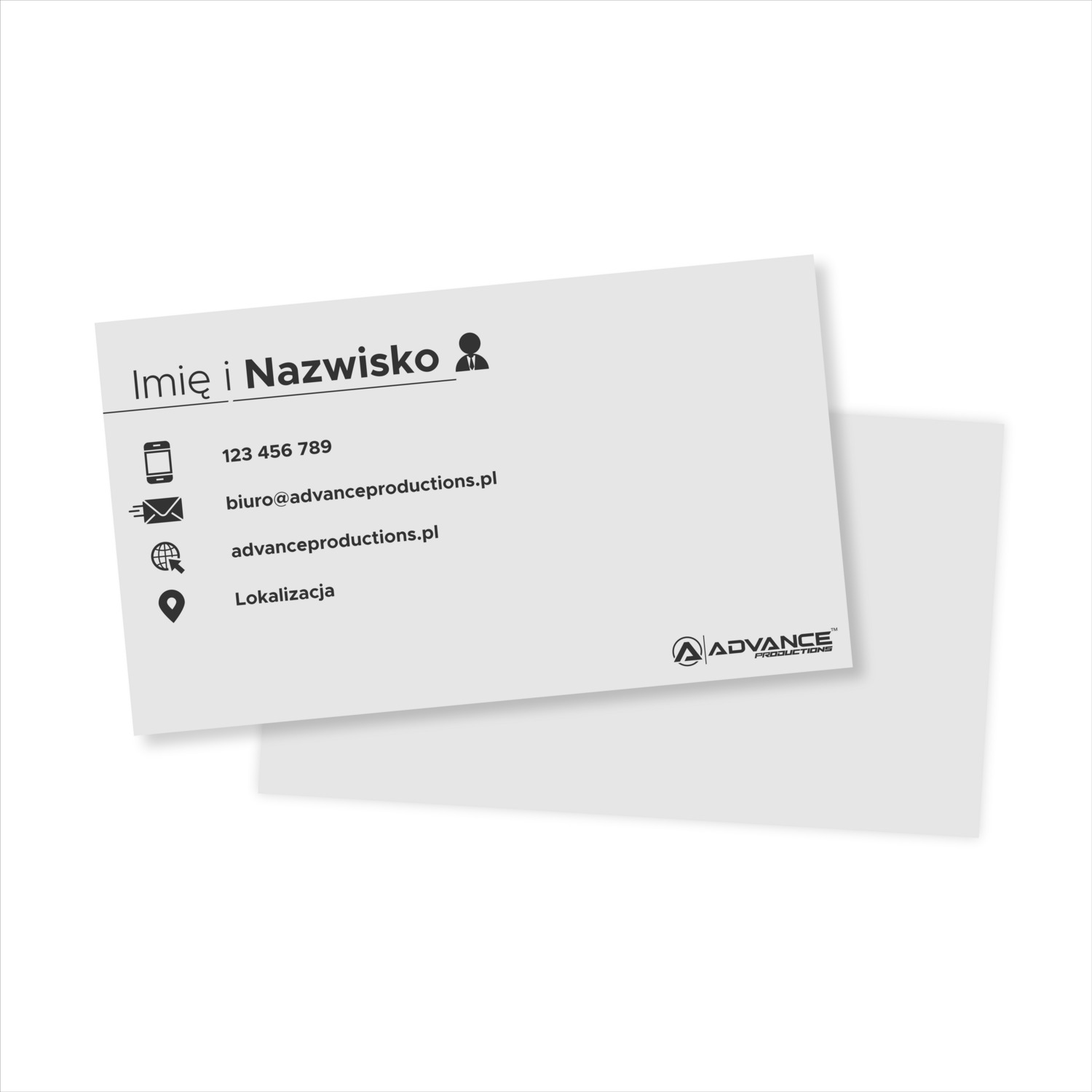 Minimalistyczna wizytówka z danymi kontaktowymi firmy Advance Productions, umieszczona na białym tle.