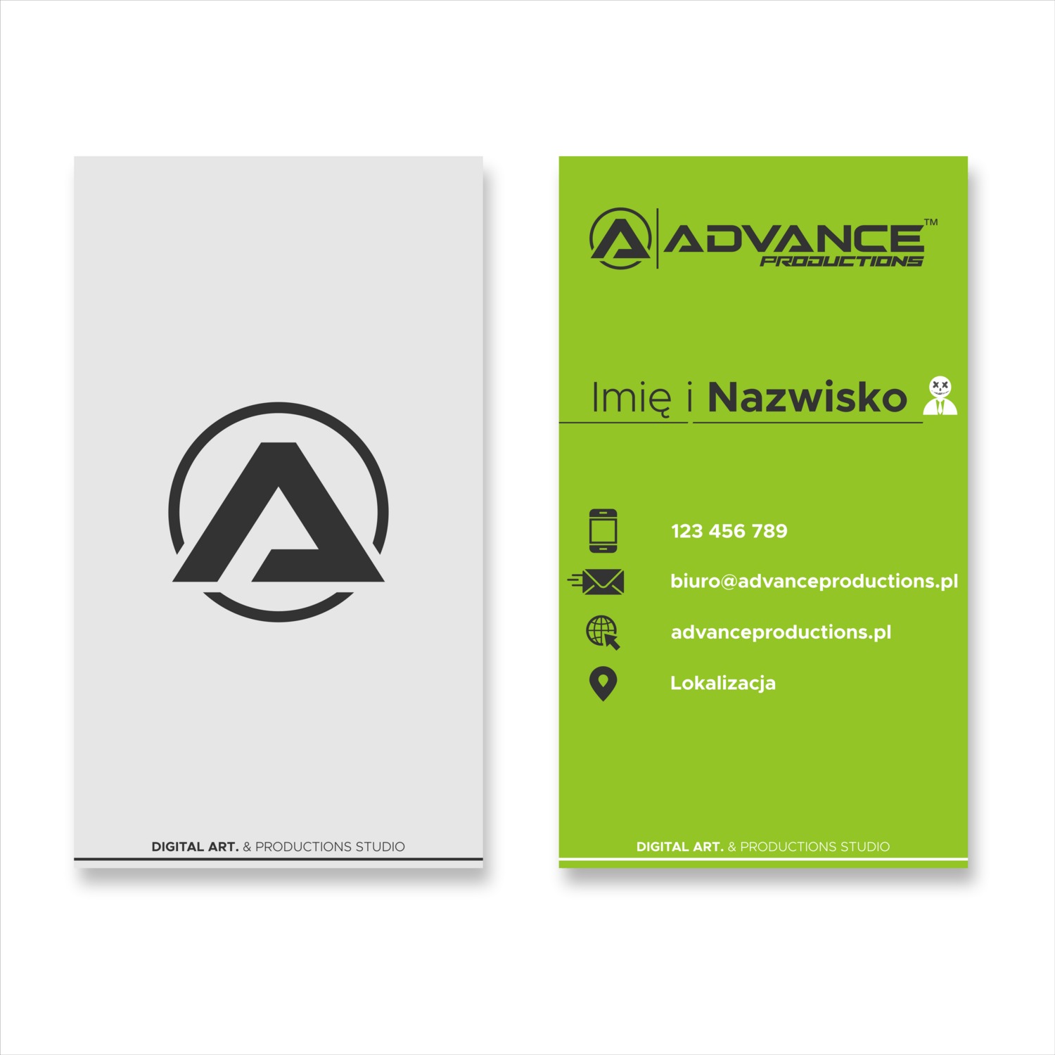 Dwie wizytówki firmy Digital Art & Productions Studio: jedna w kolorze szarym z logo firmy, druga w kolorze limonkowym z danymi kontaktowymi.