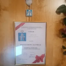 Uroczyste wręczenie srebrnej odznaki za 15 lat działalności w stowarzyszeniu rzeczoznawców motoryzacyjnych, dyplom w złotej ramce z czerwoną kokardką, obok wisząca odznaka stowarzyszenia i roślina...