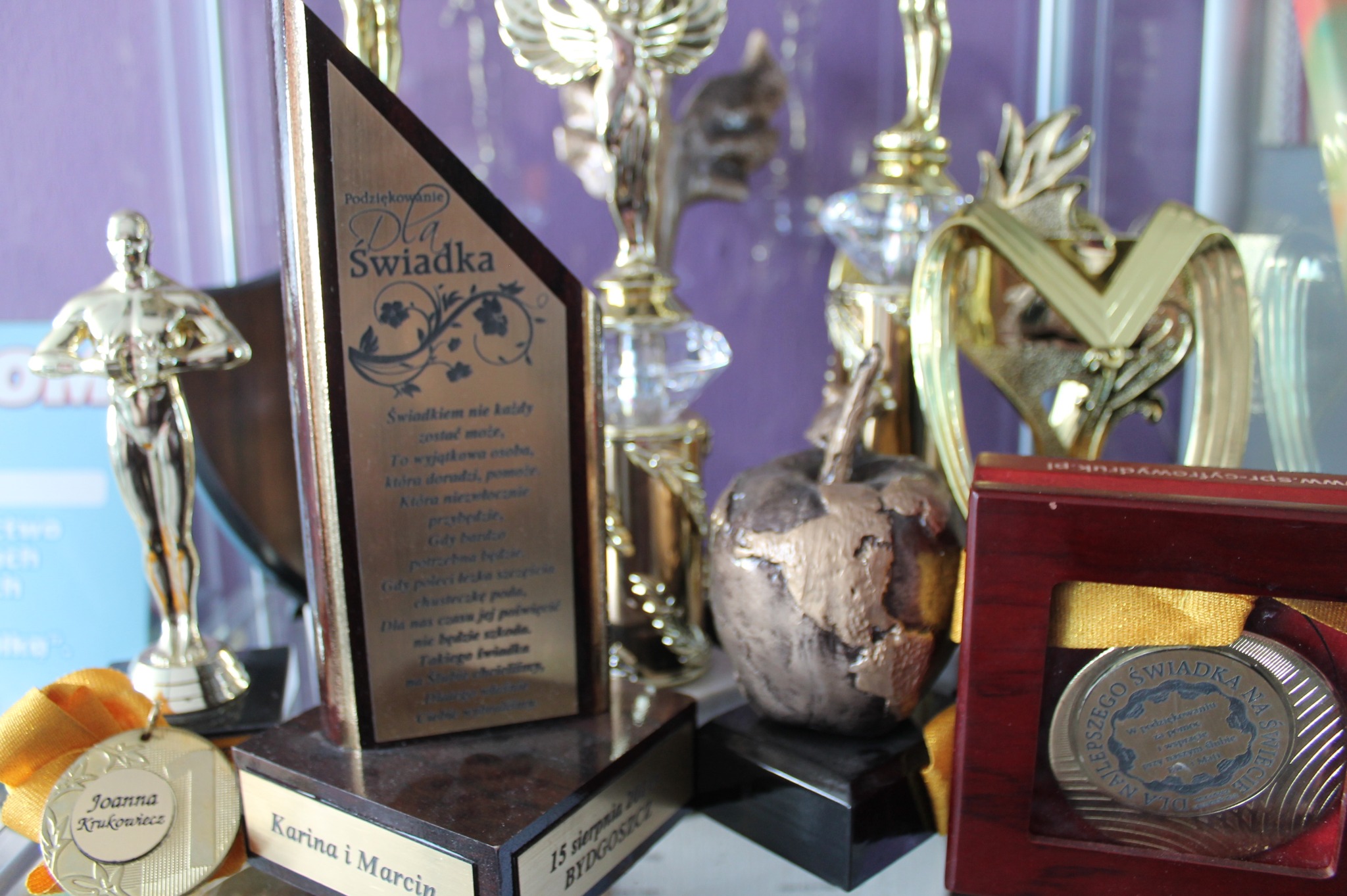 Kolekcja nagród, statuetek i medali okolicznościowych, w tym statuetka Oscara, drewniana statuetka z grawerowanym podziękowaniem dla świadka oraz jabłko pomalowane na złoto.